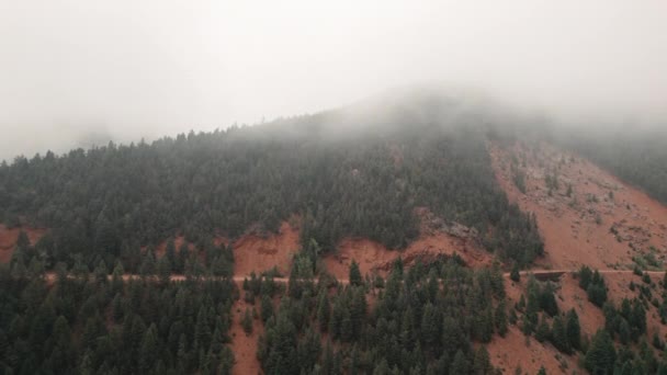 Aerial Dolly Misty Cheyenne Valley Forest Road Forested Peak — Stok Video
