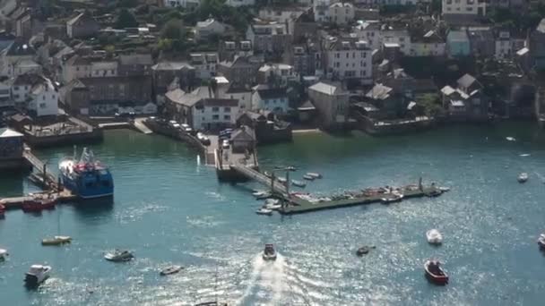 Aerial View Passenger Ferry Docking Polruan Harbour Town Fowey River — Stockvideo