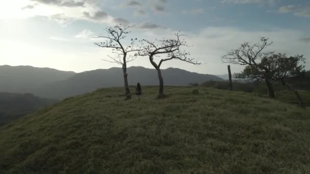 Model White Long Hair Walking Trees Sunset Time Eerie Atmosphere — Video Stock