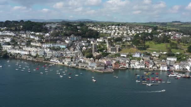 Wide Aerial Orbit Fowey Parish Church Porphry Hall Harbor Cornish — Stockvideo