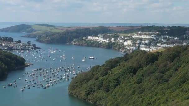 Aerial Reveal Coastal Cornish Town Fowey River Fowey Cornwall Reveal — ストック動画