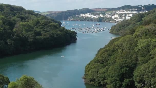 Low Aerial View Pushing River Fowey Cornwall Coastal Town Fowey — Stock video