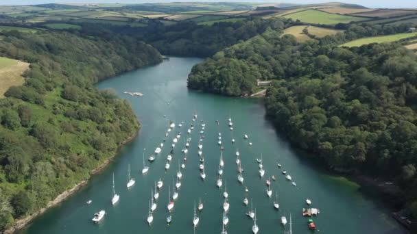 Wide Aerial View Boats Moored River Fowey Cornwall Tilt Reveal — Stock Video