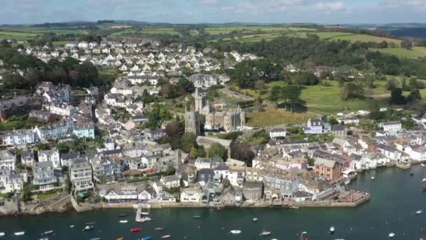 Wide Rising Aerial View Fowey Parish Church Porphry Hall Town — Wideo stockowe