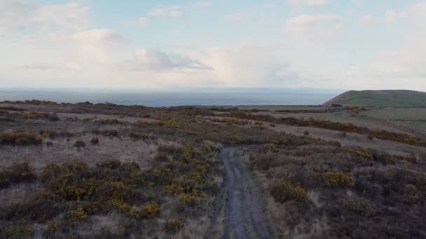 Aerial Shot North Devon Moor Farmland Sea Background Blue Sky — Stock Video