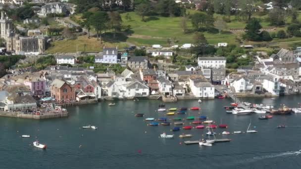 Aerial View Boats Moored Fowey Harbour River Fowey Cornwall — стоковое видео