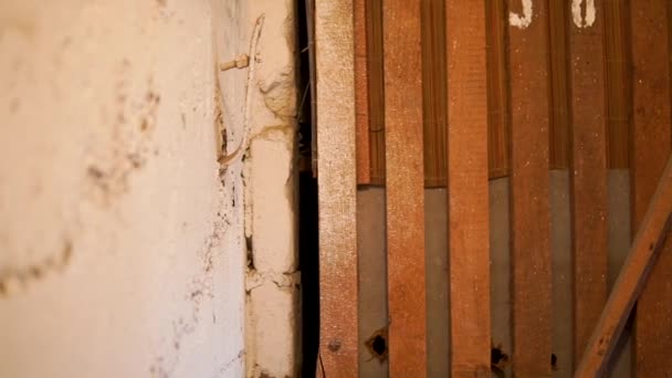 Sideways Rustic Wooden Gate Old Basement Closeup — Stockvideo