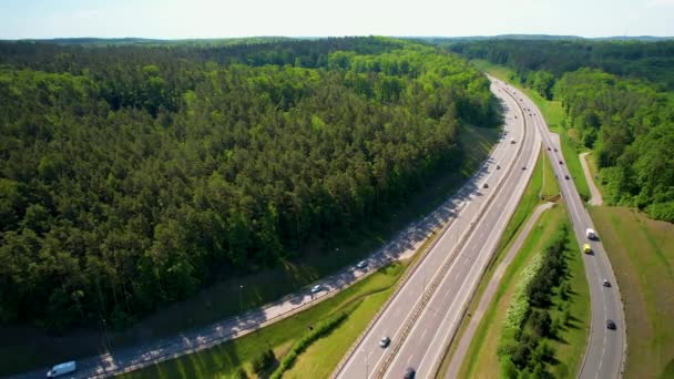 Pojazdy Przejeżdżające Przez Drogę Ekspresową Autostradę Przejeżdżające Przez Zielony Las — Wideo stockowe