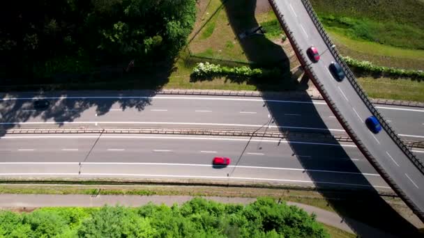 Aerial View Vehicles Running National Highway Overpass Bright Sunny Day — 图库视频影像