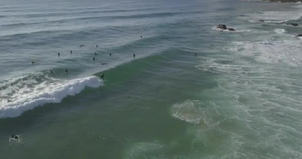 美しい緑の海のあるカスカイス ギンチョで波に乗っている定期的なサーファー 空中ビュー ドローンショット — ストック動画
