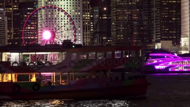 Victoria Harbour Purple Ferry Sailing Ferris Wheel Hong Kong — Vídeo de Stock