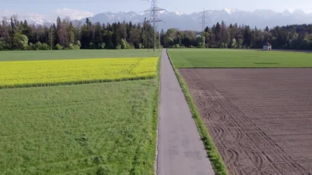 Drone Shot Camión Conducción Con Hermoso Paisaje Montañas Suizas Cámara — Vídeo de stock