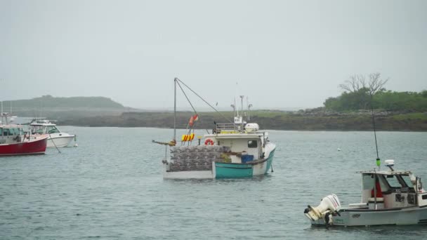 Lobster Fishing Boat Ocean Marina Bay Seagull Flying Slow Motion — Stockvideo