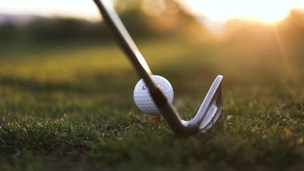 Golf Club Hitting Ball Tee Close — Stock Video
