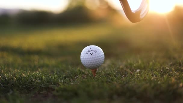 Golf Club Callaway Golf Ball Grass Sunset Background Close — Wideo stockowe