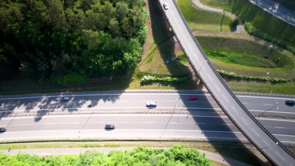 Top Aerial Highway Road Flyover Middle Forest Tall Green Trees — Vídeos de Stock