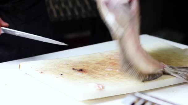 Vendedor Pescado Limpia Bonito Rape Con Cuchillo Cocina Sobre Una — Vídeos de Stock