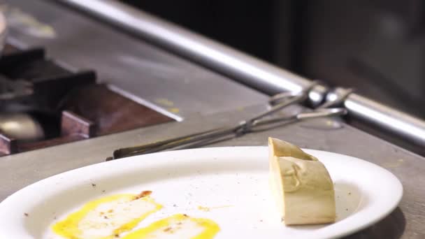 Tray Foie Gras Passes Kitchen Counter One Cook Other — Video Stock