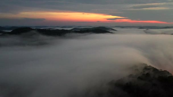 Drone Shot Flying Low Mist Clouds Dusk — Stock Video