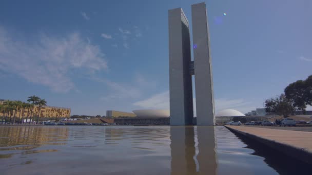 Wide Shot Water Nacional Congress Brasilia Showing Two Static Towers — Stockvideo