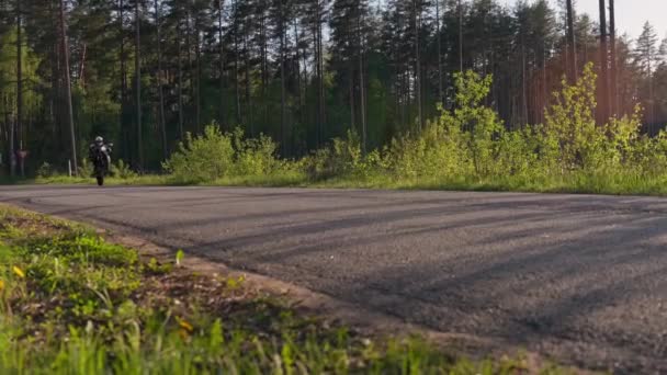 Stunt Motorcycle Rider Performing Wheelie Ride One Wheel Forest Area — Video Stock