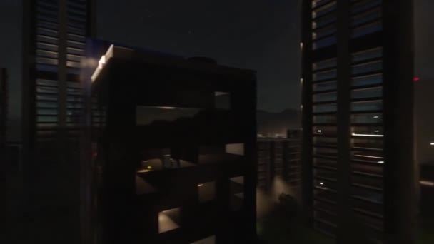 虚拟现实 Virtual Reality 是市中心的一个城市动画 重点是高层建筑 人们在里面享受着夜生活 而摄像机则远离大楼 夜雨系列 — 图库视频影像