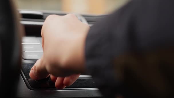 Hand Person Adjusting Volume Vehicle Radio Close View — Stockvideo