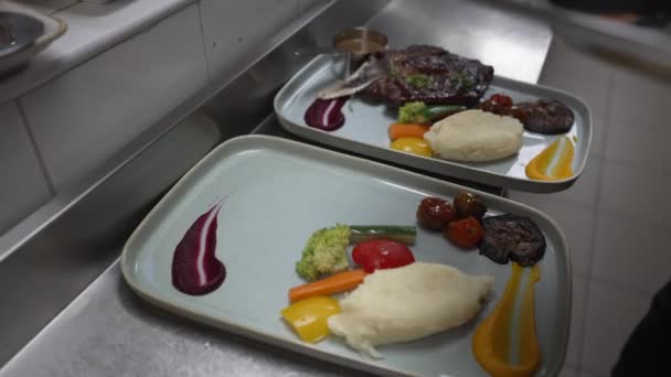 Serving Portion Grilled Salmon Vegetables Chef Black Gloves — Stok Video