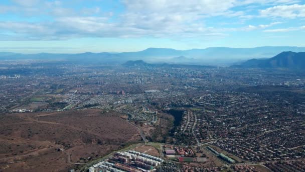 Aerial Orbit Las Condes Santiago Chile Skyline Island Hills Background – Stock-video