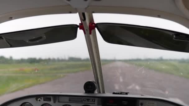 Biplane Gaining Speed Asphalt Runway Cockpit Interior View — Stockvideo