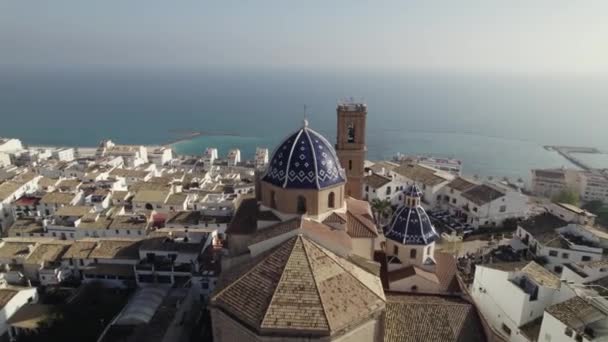 Aerial Church Our Lady Consolation Altea Spain Balearic Sea Background — стокове відео