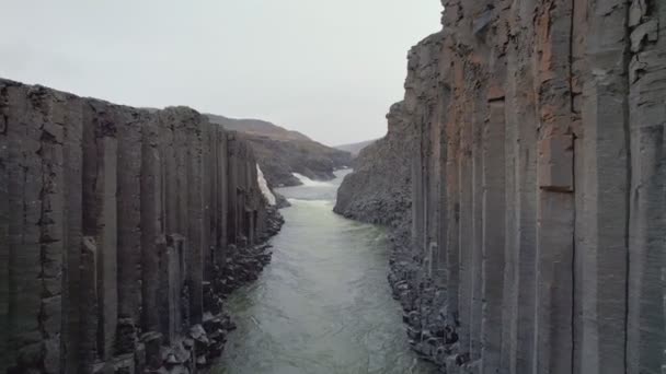 Reversing Reveal Tall Basalt Columns Line Studlagil River — Video Stock