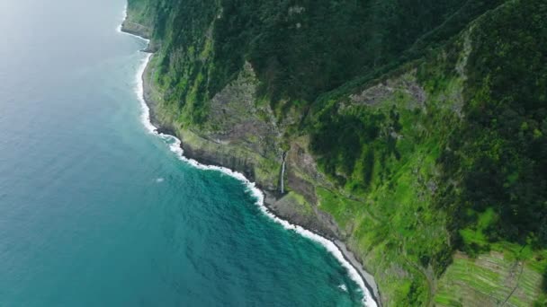 Elevated Drone View Cascading Waterfall Rocky Shoreline Madeira — Stock videók