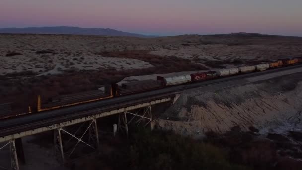 位于加利福尼亚州索尔顿海的南部铁路的联合太平洋铁路货运列车与货运集装箱过桥 — 图库视频影像