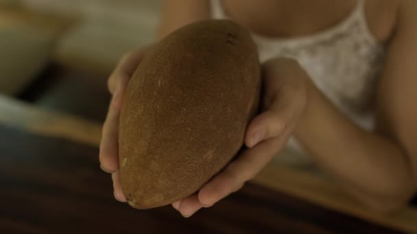 Kadının Elinde Egzotik Zapote Meyvesi Tutarken Yakın Plan Fotoğrafı — Stok video