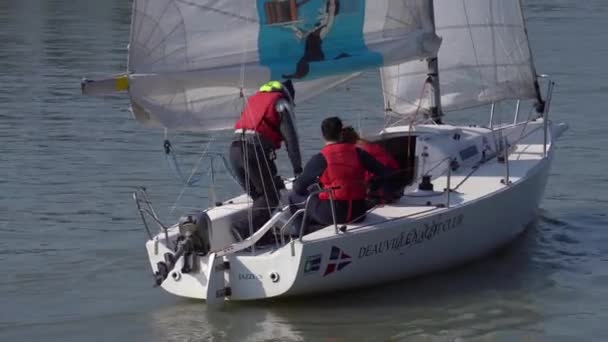 Two Students Life Vest Ride Sailboat Instructor Sailing Class Wide — Video Stock