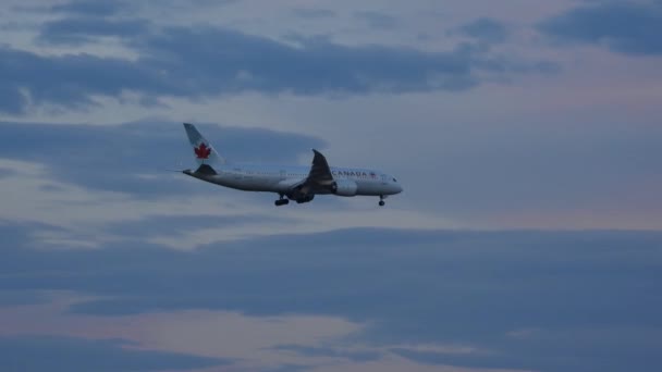 カナダのトロントで夕方の日没の雲に対して暴走に近づく車輪を持つ航空カナダの飛行機 トラッキングショット — ストック動画