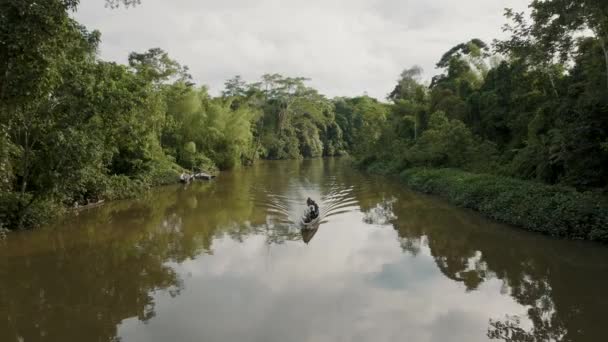 Aerial Shot Drone Moving Sailing Boat Amazon River Tropical Forest — Stock Video