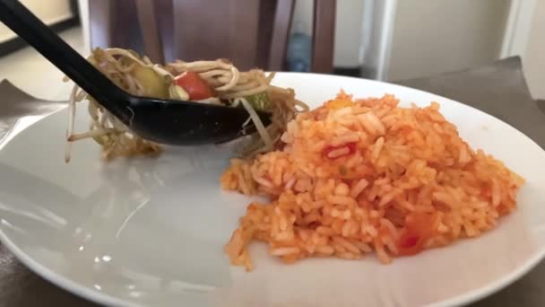 Slow Motion Shot Rice Chop Suey Being Served Saucer — Stockvideo