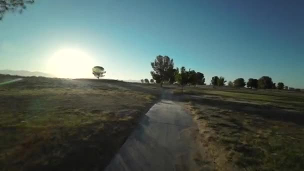 Vuelo Atardecer Largo Sendero Natural Luego Ascienda Por Encima Parque — Vídeo de stock