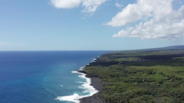 Wide Aerial Panning Shot Newly Formed Black Sand Beach Big — Stockvideo