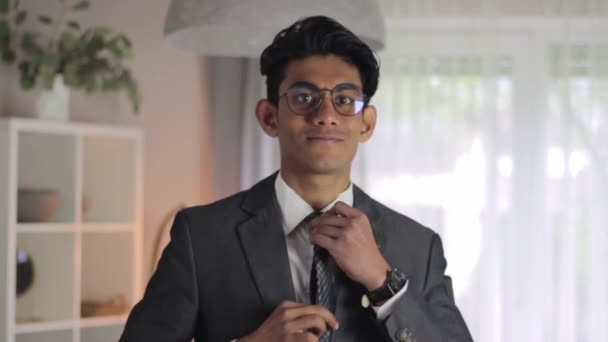 Genç Profesyonel Kameraya Gülümsemeden Önce Kravatını Takım Elbisesine Takıyor — Stok video