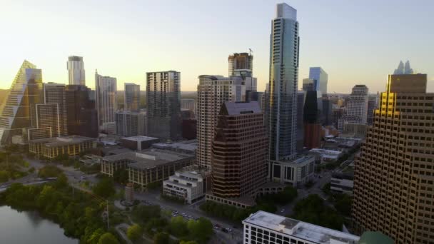 Aerial View Austin Texas Skyline Sunset Circling Drone Shot — Stock Video