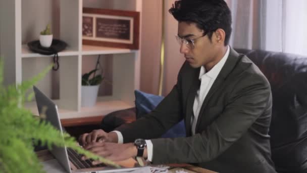 Young Handsome Man Suit Working Laptop Home — Video