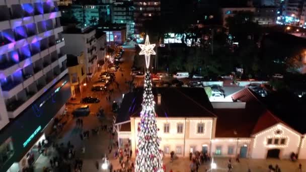 Pull Back Shot Christmas Star Tree Lighting Celebration Larnaca City — Stockvideo