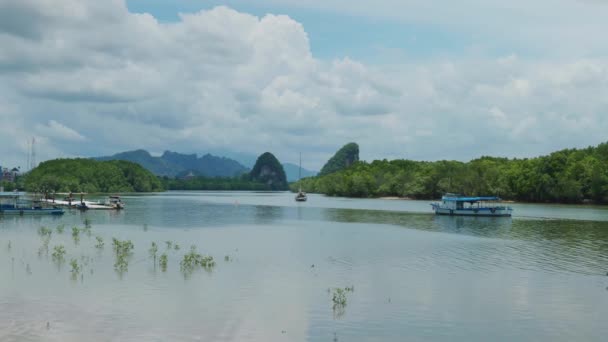 4K在阳光明媚的日子里 在泰国南部Krabi镇的滨海小河边拍摄的北南城市森林和岩石形成的电影场景 — 图库视频影像