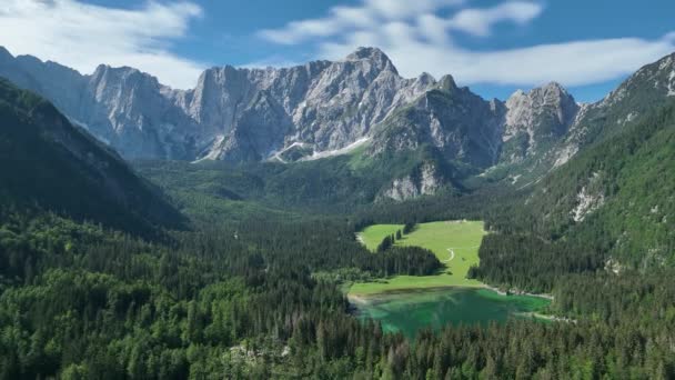 Vista Calma Manhã Lago Fusine Colorido Nascer Sol Verão Nos — Vídeo de Stock