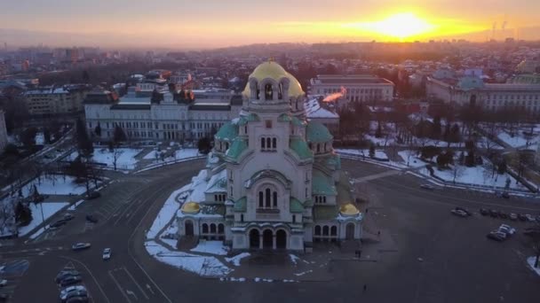 Sonnenaufgang Sofia Bulgarien Alexander Newski Blick Von Der Drohne — Stockvideo