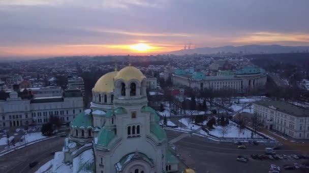 Nascer Sol Sofia Bulgária Alexander Nevsky Vista Drone — Vídeo de Stock