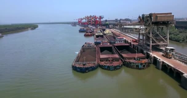 インド マハラシュトラ州ドルヴィ港に停泊中のばら積み貨物船の空中からの眺め ドローンショット — ストック動画